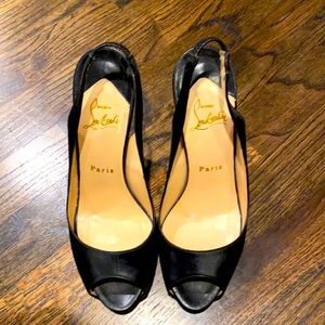 Christian Louboutins peep toe sling back heels classic black leather